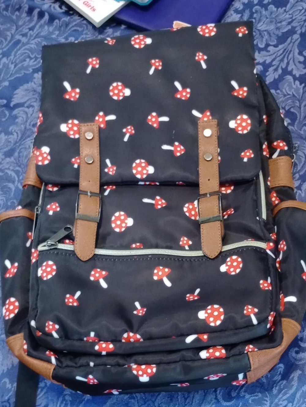 Black Mushroom Print Backpack with Brown Accents
